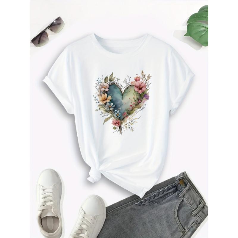 Love Bouquet Woven Pattern Round Neck T-shirt for Women Summer Breathable and Comfortable Fabric