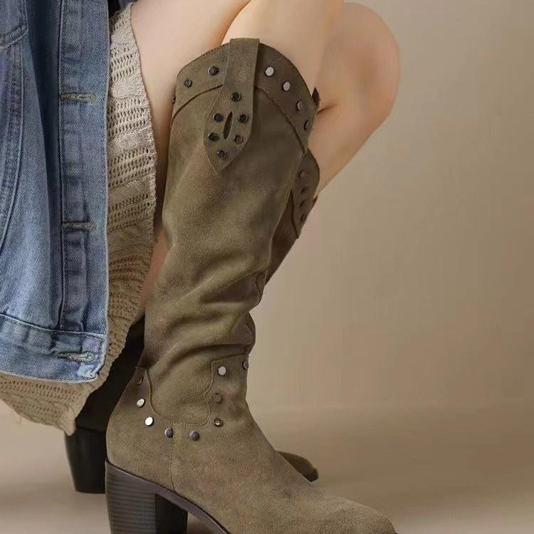 Fashion 2024 New Long Boots Retro Style High Boots Decorated Women's Fashion Roman High Boots Studded Heels