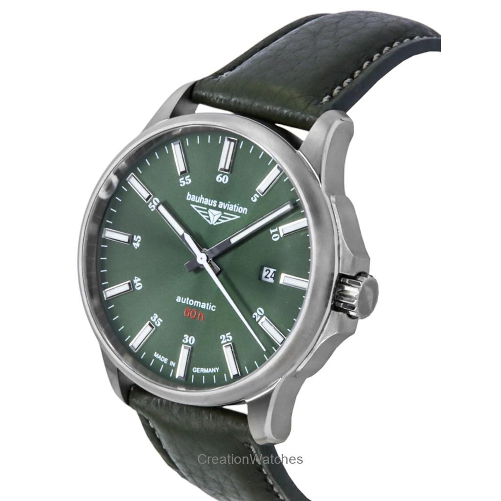 Bauhaus Aviation Leather Strap Dark Green Dial Automatic 28644 100M Men's Watch