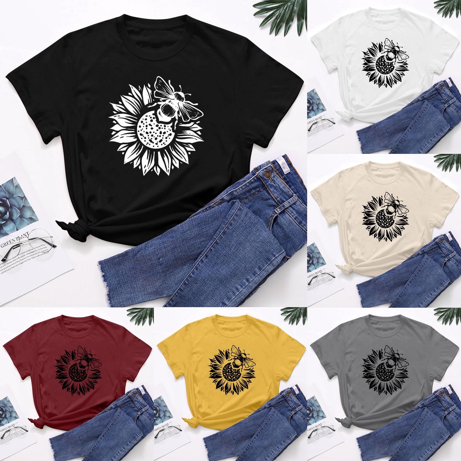 

(Куниде) Модный повседневный удобный топ для женщин, блузка с коротким рукавом и круглым вырезом с принтом пчелиного фестиваля