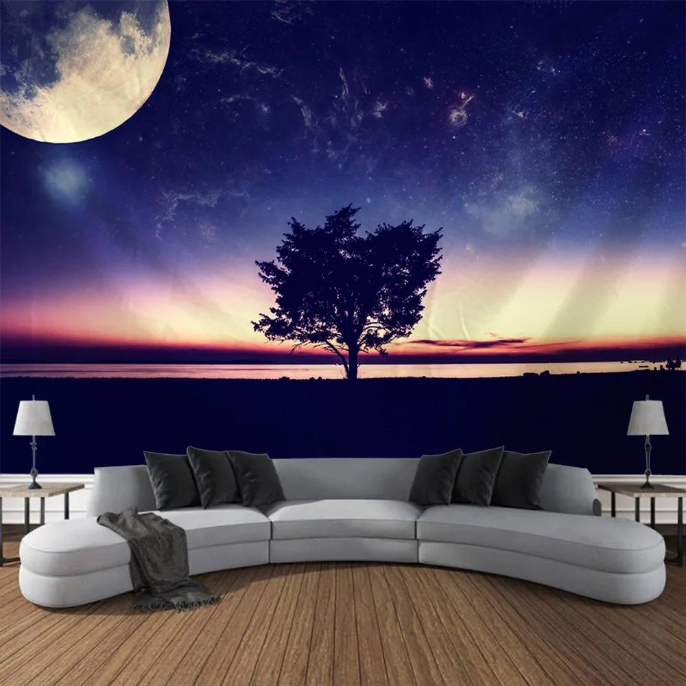 Home Decor Galaxy Starry Sky Wall Hanging Tapestry Space Fantasy Night Sky Forest Landscape Printed Thin Cloth Blanket