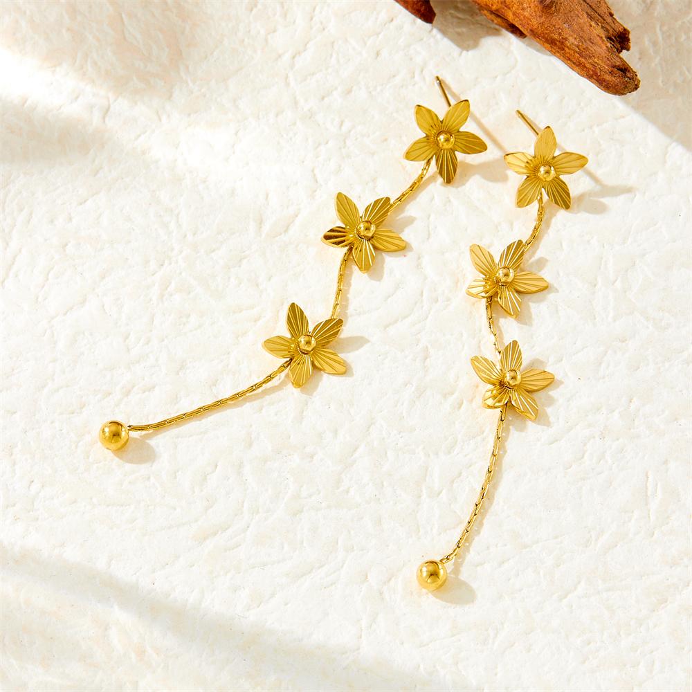 DIEYURO 316L Stainless Steel Golden Petals Flower Round Beads Tassel Earring For Women Fashion New Trend Ear Buckle Jewelry Gift