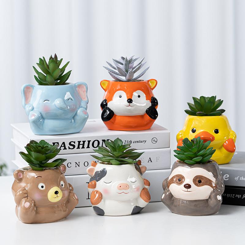Cartoon Multifunction Ceramic Succulent Planter Cute Animal Cactus Potted Plant Gardening Creative Flower Pot Garden Decoration