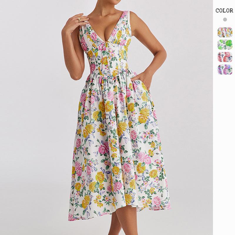Summer new temperament V-neck waist slim-fitting sleeveless dress floral vacation dress medium and long dress