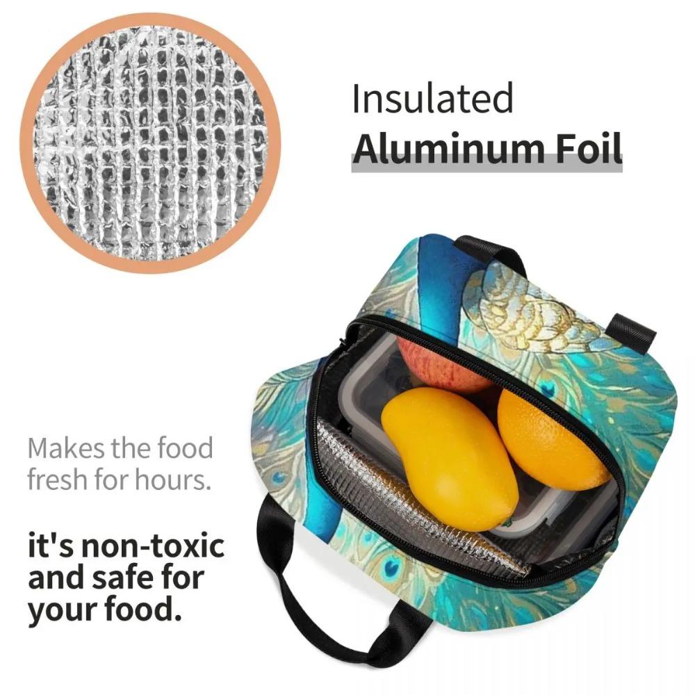 Colorful Peacock Feather Insulated Lunch Bag for Women Children Portable Food Boxes Thermal Lunch Box Tote