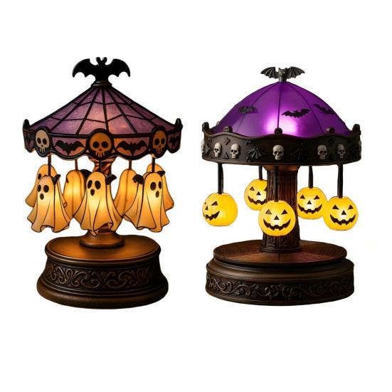 xiaobudian Ghost Carousel Light, Halloween Night Gothic Stained Glass Shade with Floating Ghosts/Pumpkins, Spooky Table Lamp for Bedroom Home