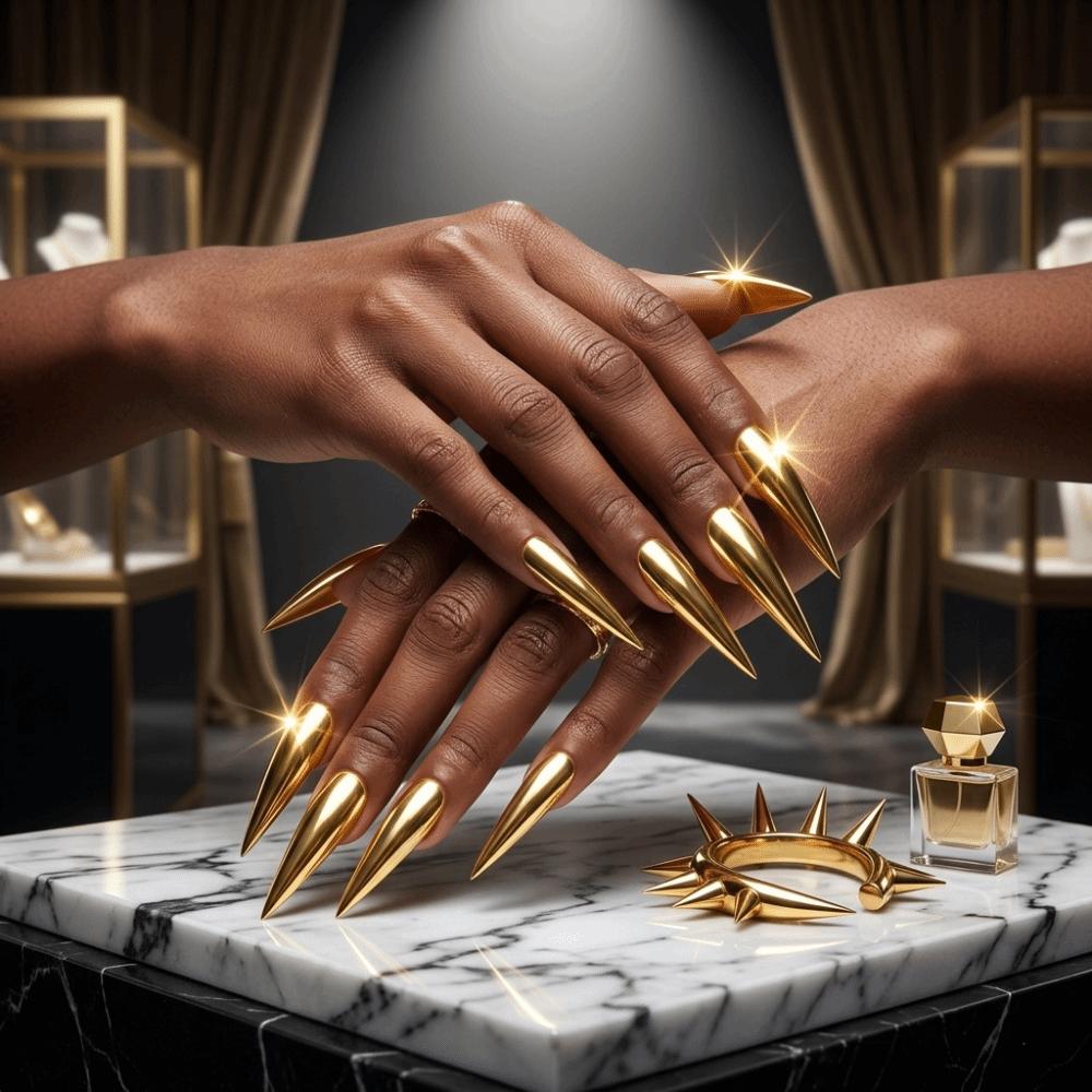 Gold Long Almond Fake Nails Finished Mirror Surface False Nails Detachable Press on Nails Nail Art