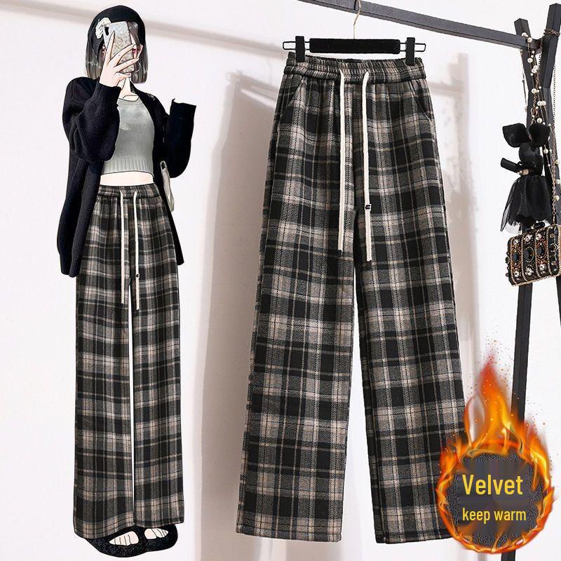 Plus Size High-Waisted Plaid Wide-Leg Pants: Fleece-Lined or Unlined, Autumn/Winter Edition