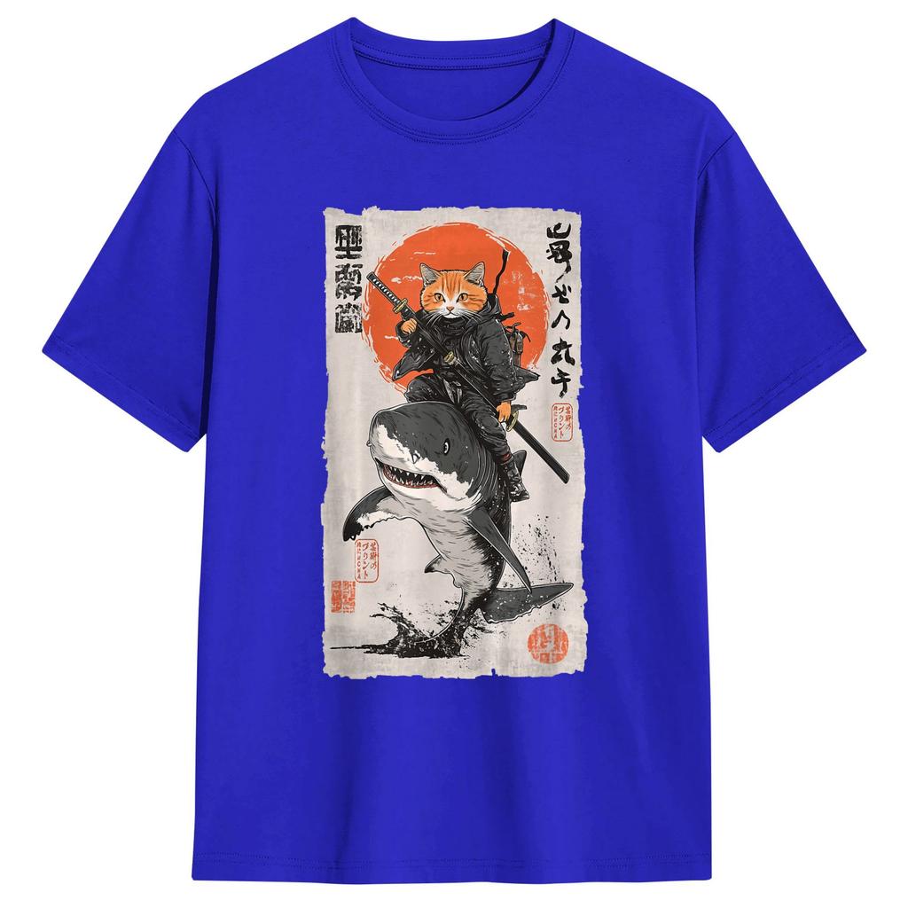 Ukiyoe Art Japanese Cat Riding T Shirt Unisex Pure Cotton Fashion Male Tshirts O Collar Tee Shirt Short Sleeve Clothing Present