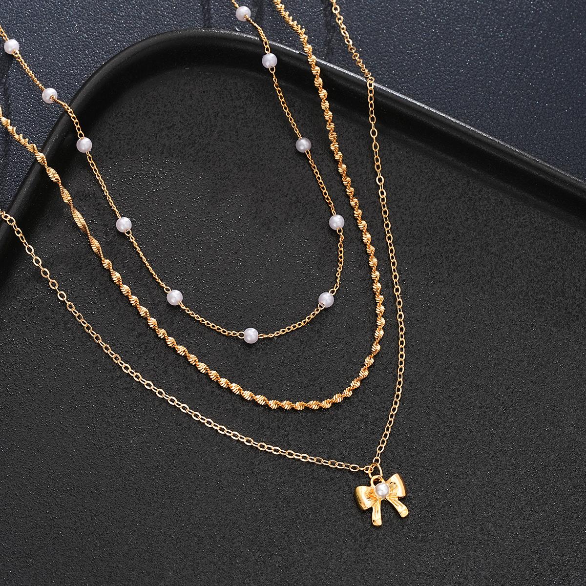 3Pcs/Set Imitation Pearl Bowknot Pendant Necklaces For Women Temperament Gold Color Twisted Chain Necklace Set Exquisite Jewelry