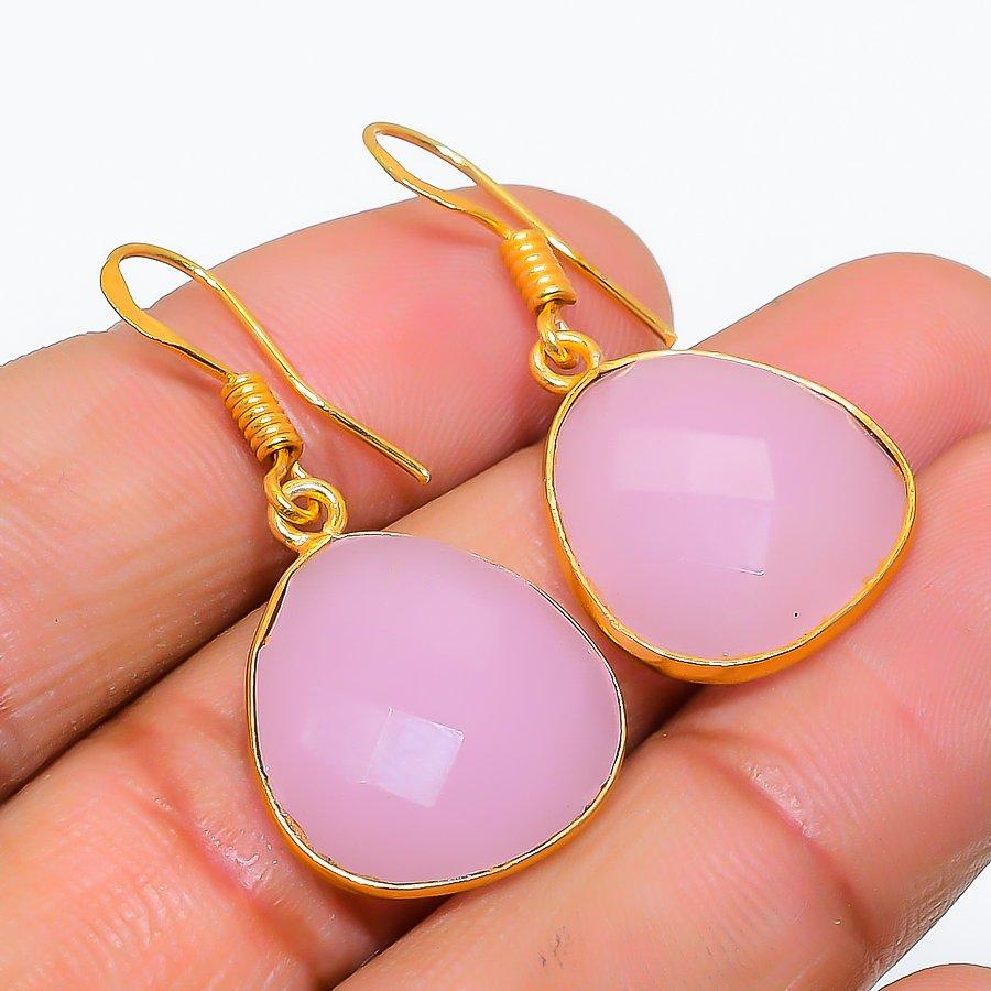 

Рожевий Халцедон Самоцвіт 925 Срібло Стерлінгове Ювелірні Вироби Сережка 1.38 GK-5821