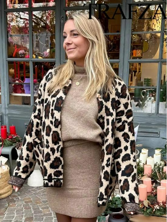 European & American Women's Round Neck Animal Print Faux Fur Knitted Cardigan Coat - Winter Collection