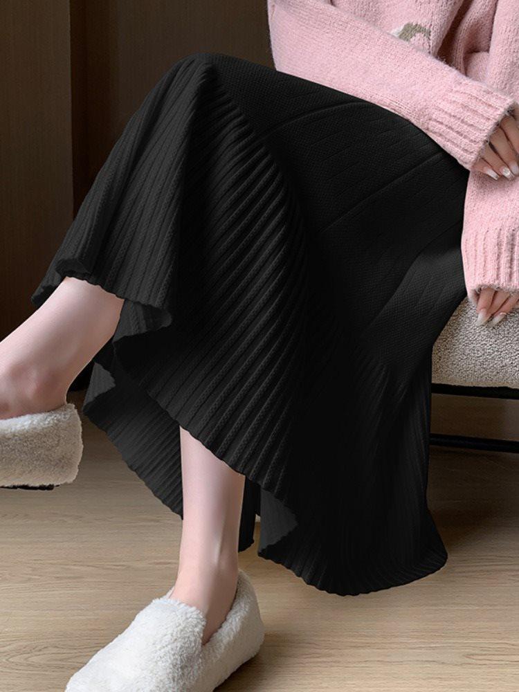 2025 New Women's High Waist Knitted A-line Pleated Midi Skirt for Autumn/Winter