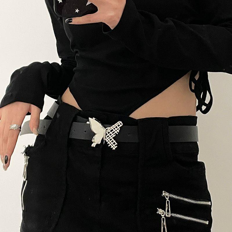 Vintage White Leather Butterfly Buckle Fashionable Trendy Women s Belt For Casual Wear чёрный