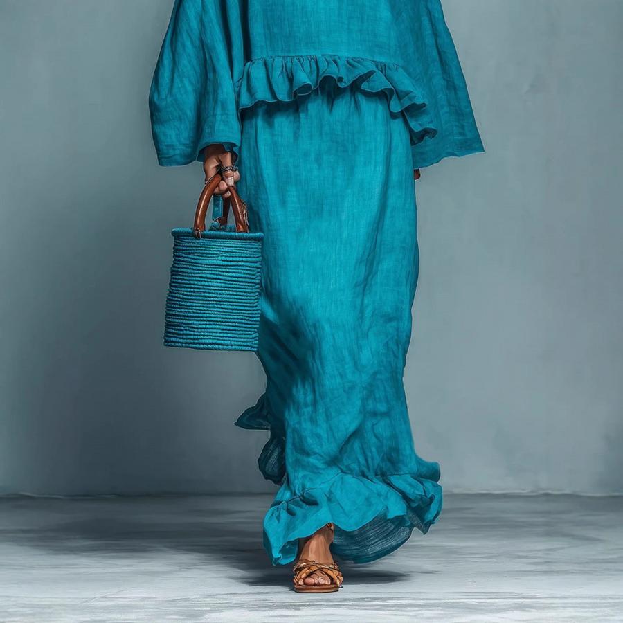 Wind New Long Sleeve Long Maxi Skirt Casual Fashion Solid Color Set