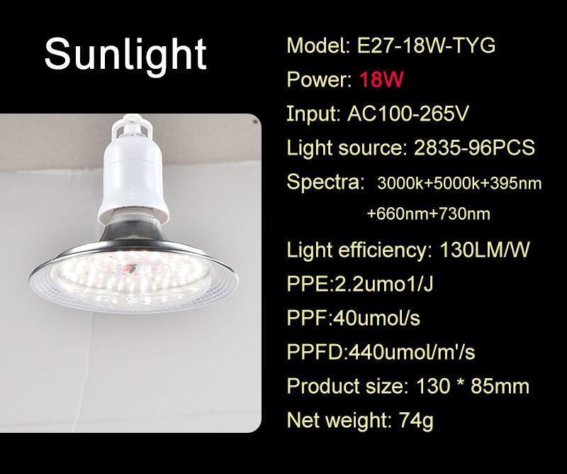 E27 lamp 18W plant growth lamp fruit and vegetable plant solar fill light indoor full spectrum succulent plant flower bed fill