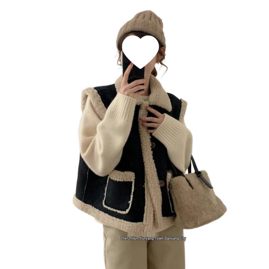 Women's Faux Suede Lambswool Vest 2024 Autumn/Winter Casual Black Leather & Fur Short Coat