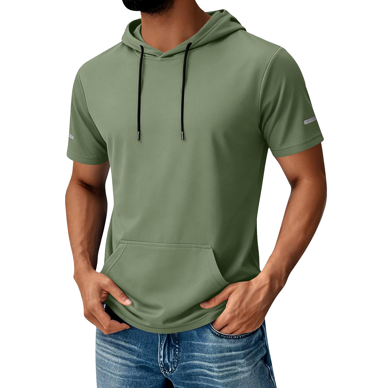 Men s Hooded Pocket Top  Men s Casual Sports Quick Drying Short Sleeved Top L армия зеленый