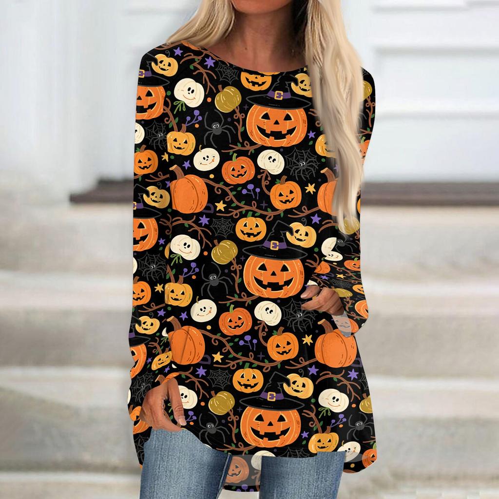 Women's Halloween Printed Long Sleeve Round Neck Tunic Top for Casual Wear
