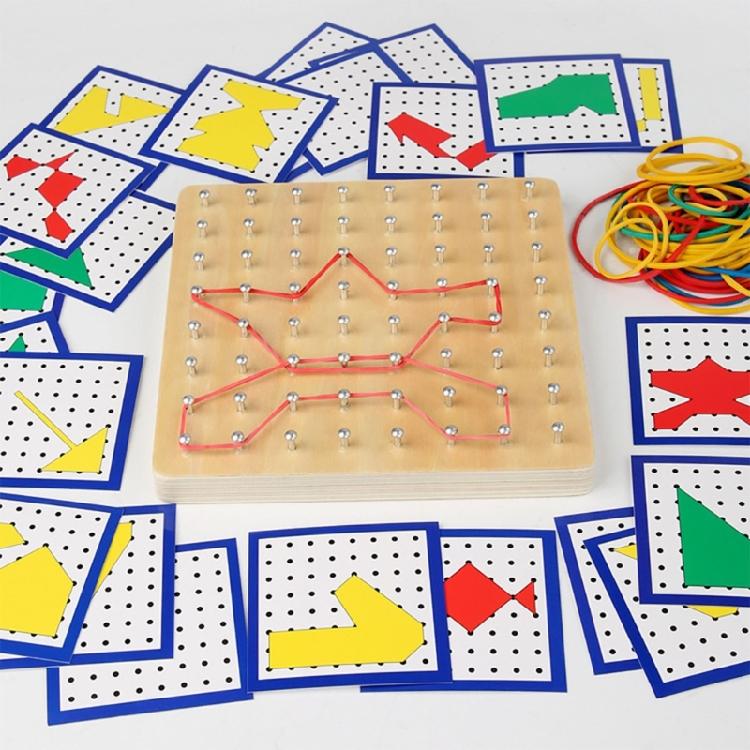 Fun Educational Toy With Wooden Geoboard And Elastic Rubber Bands for Kid Fine Motor Skills Logical Thinking Development