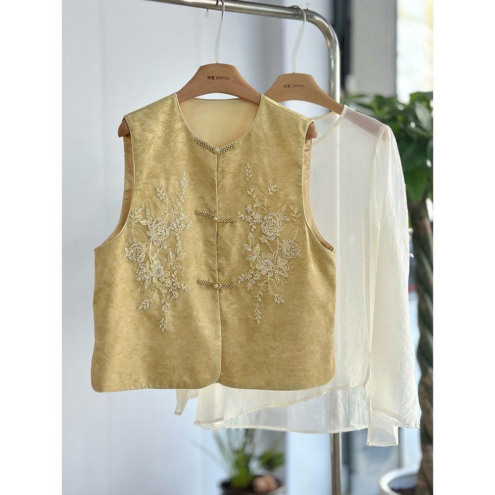 

Популярный высококлассный желтый вышитый жилет женский тонкий красивый верхняя одежда изысканный многослойный топ 3XL (recommended 138-75kg)