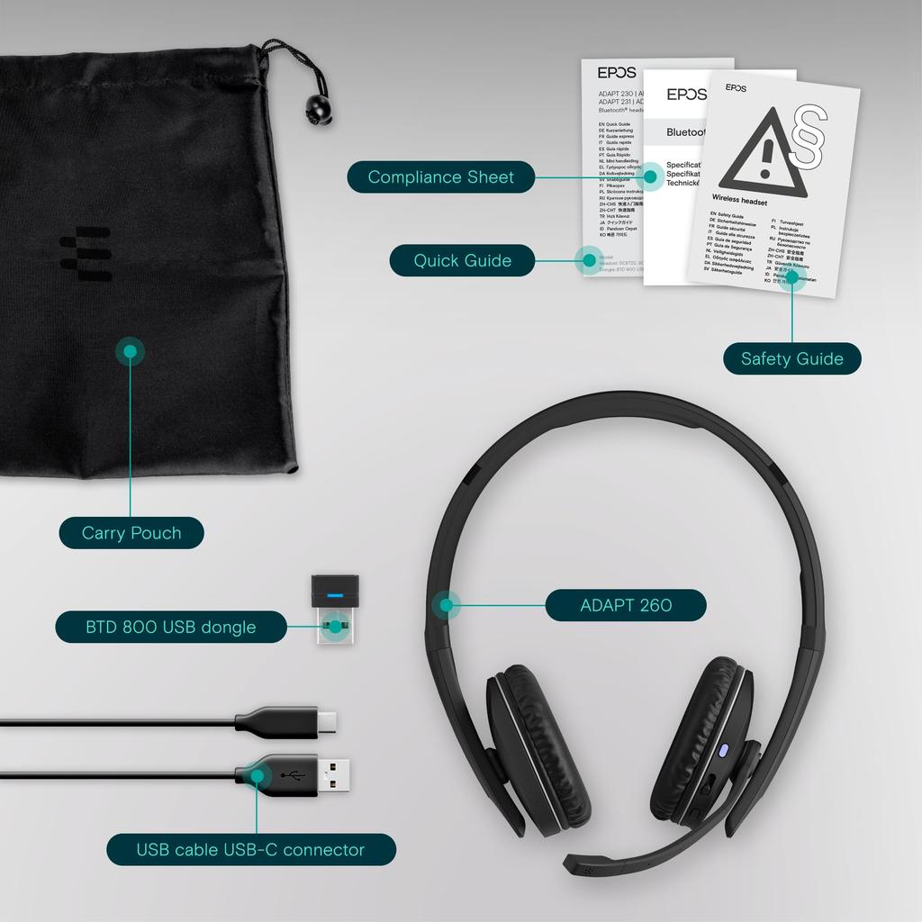 EPOS ADAPT 260 Wireless Bluetooth Headset Comfortable Black - Noise-Canceling Microphone, Multi-Device Connectivity, Long-Lasting Playback, Fit,