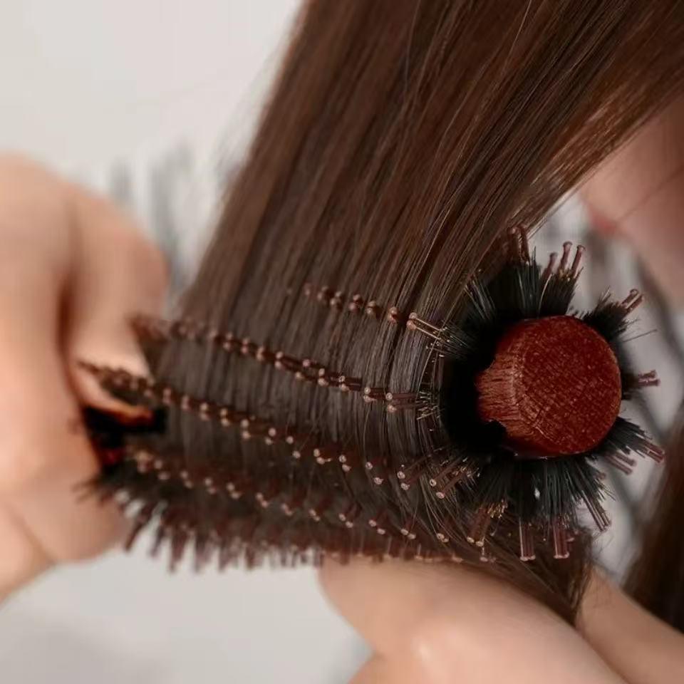 Wooden Boar Bristle Round Barrel Comb for Men & Women's Hair Styling