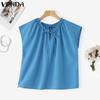 VONDA Women Summer Lace-up Neck Batwing Sleeveless Solid Casual Ruffled Tank Tops
