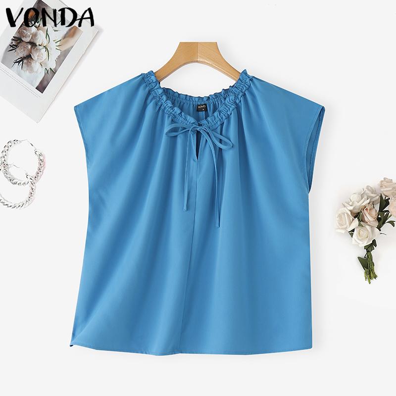VONDA Women Summer Lace-up Neck Batwing Sleeveless Solid Casual Ruffled Tank Tops