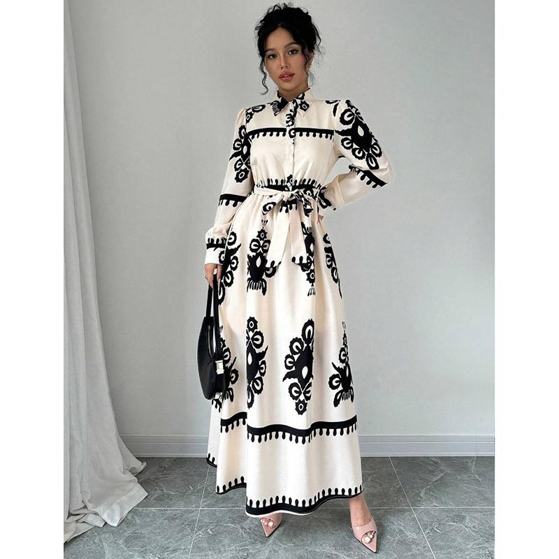 Mote Vintage Langermet Løse Hverdagskjoler Dame Knapper Revers A-linje Trykket Skjortekjole Dame Høy midje Snøring Lang Kjole Vår Ny 25892