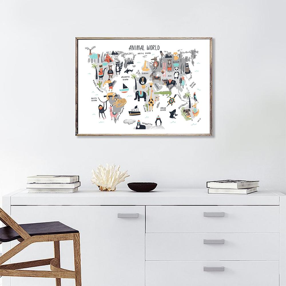 Animal World Map Art Print Nursery Poster Kids Gift Cartoon Canvas Painting Nordic Style Home Decor Wall Picture for Living Room
