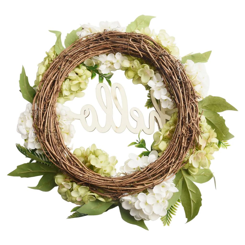 Artificial Hydrangea Wreath with Hello Sign for Indoor Outdoor Wall Door Decor 40cm Silk Flower Ring for Home and Party Setting