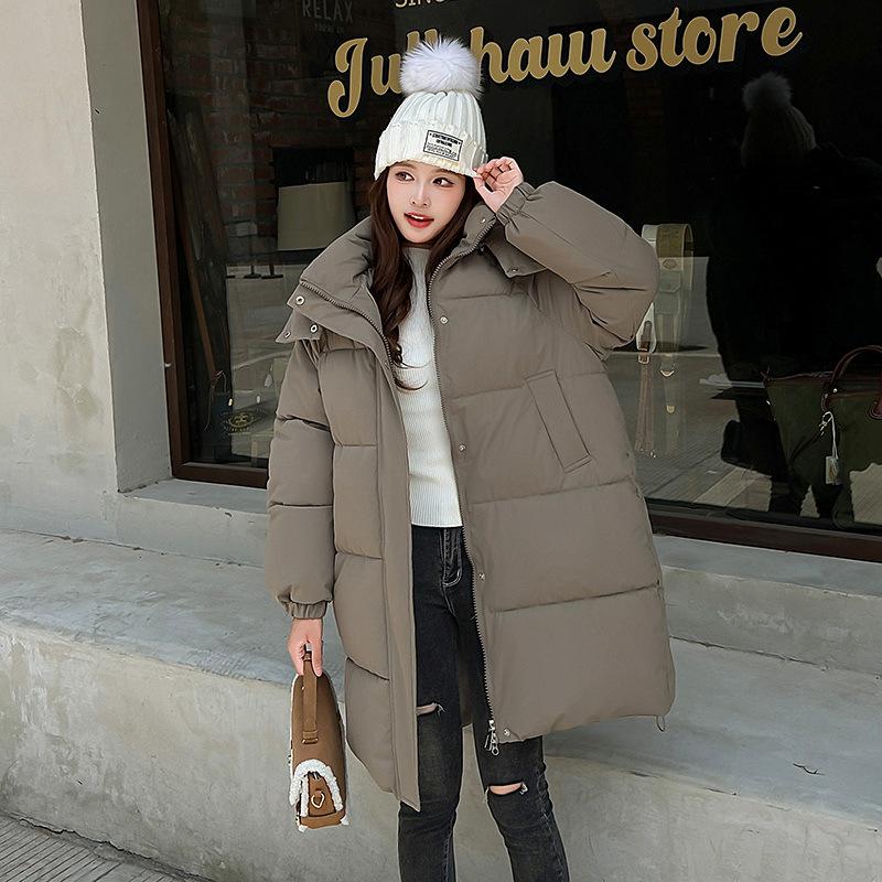 

2025 новая пуховая хлопковая одежда зимняя хлопковая одежда хлеб длинная куртка корейская версия свободная утолщенная куртка до колена XXL хаки