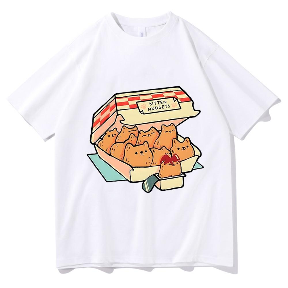 Kocięce Nuggets Radosne Koszulki Damskie Kawaii/urocze Koszulki High Street 100% Bawełna T-shirty Kocie Ciastka Sos do Maczania Krótki Rękaw