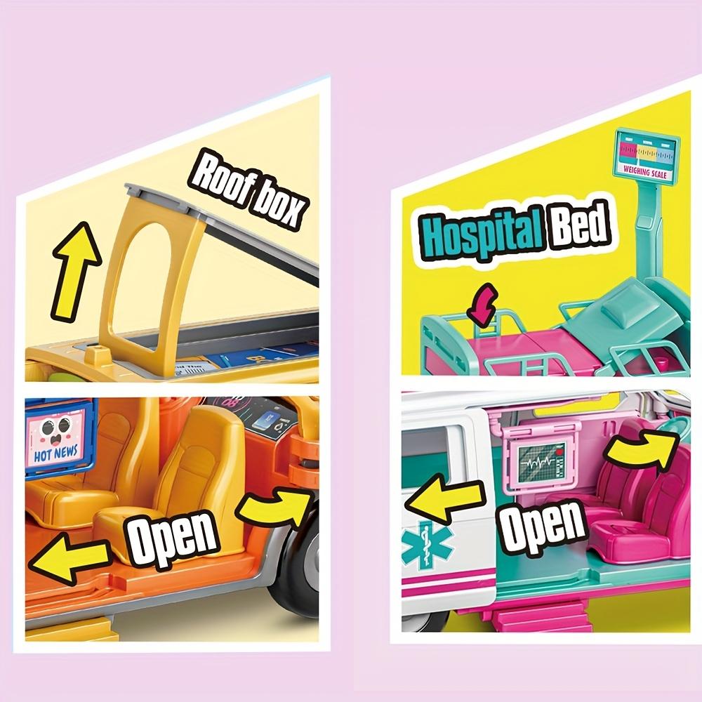 Toy Model Ambulance School Bus Puzzle Inertia Toy Car Playhouse Doctor Toy Car Model with Doll Accessories Christmas Gift