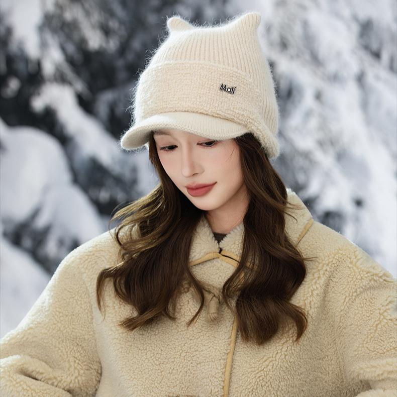 Winter Cat Ear Hat Women's Fleece Thickened Cold-proof Wool Hat Warm Ear Protection Knitted Casual Cap