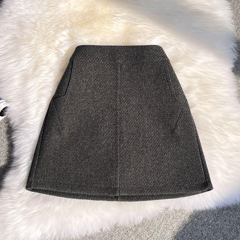 Simplicity Office Lady Autumn Winter Woolen Women Thicken Solid Zipper Pocket Vintage Fashion High Waist Short Slim A-line Skirt
