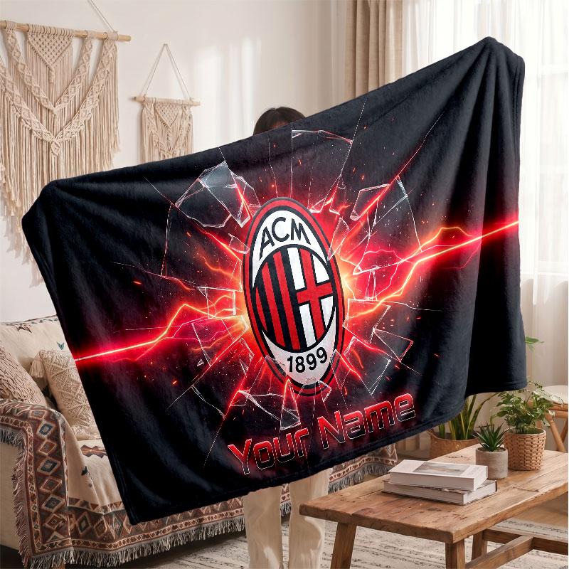 AC Milan Personalized Fleece Blanket With Football Logo, Custom Name Text Soft Warm Home Throw Blanket