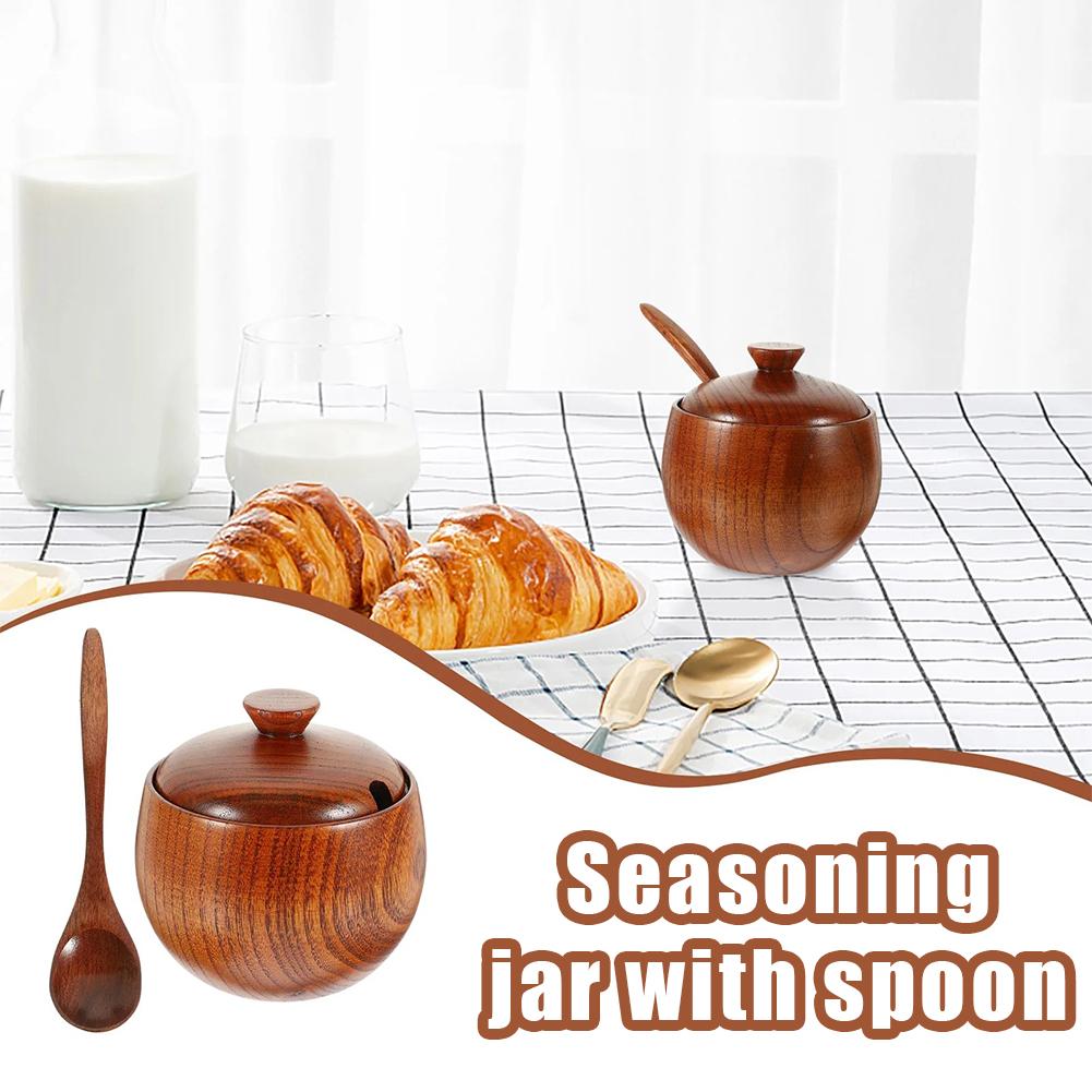 Wooden Spice Container Seasoning Jar With Spoon Jujube Wood Sugar Salt Canister Airtight Lid Kitchen Storage Bowl Home Decor