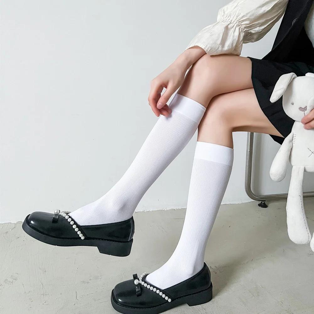 Women JK Stockings Lolita Calf Socks White Japan Summer Simple Striped Mid Tube Sock Thin Section Micro Pressed Black Pile Socks