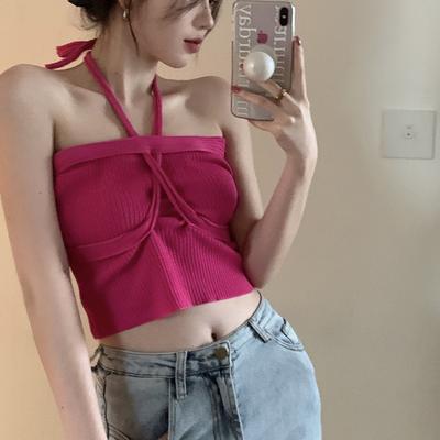 Summer New Small Suspender Halter Neck Sexy Tie-up Backless Bandeau Over Top To Wear A Hot Girl Short Knitted Vest
