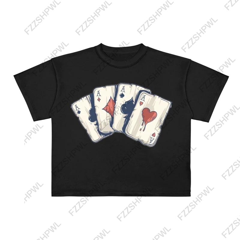 

Summer mens shortsleeved top hiphop poker printed punk pure cotton Tshirt with loose round neck retro Gothic Y2k street wear 4XL