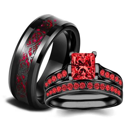 Anillos de Pareja con Encanto Románticos Anillos con Pedrería Roja para Mujer Set Anillos de Dragón Celta de Acero Inoxidable para Hombre de Moda Joyería de Alianza de Boda