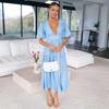 Summer Flowy Bohemian Long Dress Women Deep V Neck Puff Short Sleeve Tiered Swing A Line Midi Dress