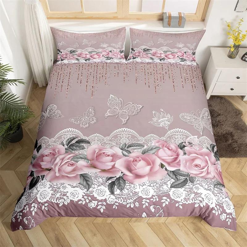 Rose Floral Bettbezug King Romantische Blumen Bettwäsche Set Mikrofaser Valentinstag Bettdecke Bezug Für Mädchen Frau Zimmer Dekoration