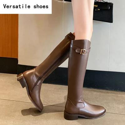 Vintage Damskie Wąskie Kozaki do Kolana Modne Buty z Klamrą Paska Jesień Zima Niski Obcas Damskie Elastyczne Nowoczesne Długie Botki