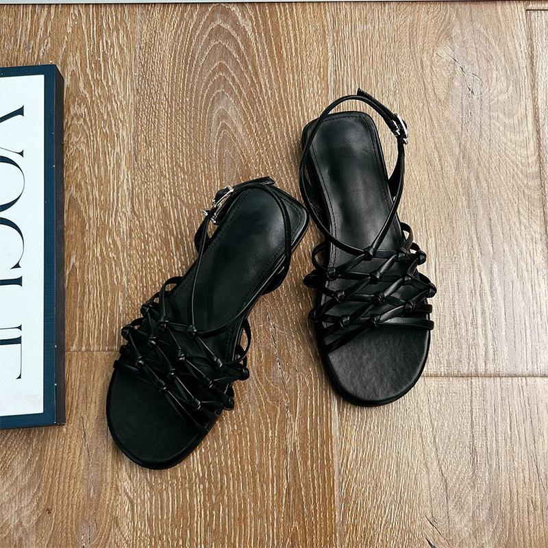 

New woven sandals women 2025 summer French flat sandals women casual versatile fairy style Roman sandals women 35 чёрный
