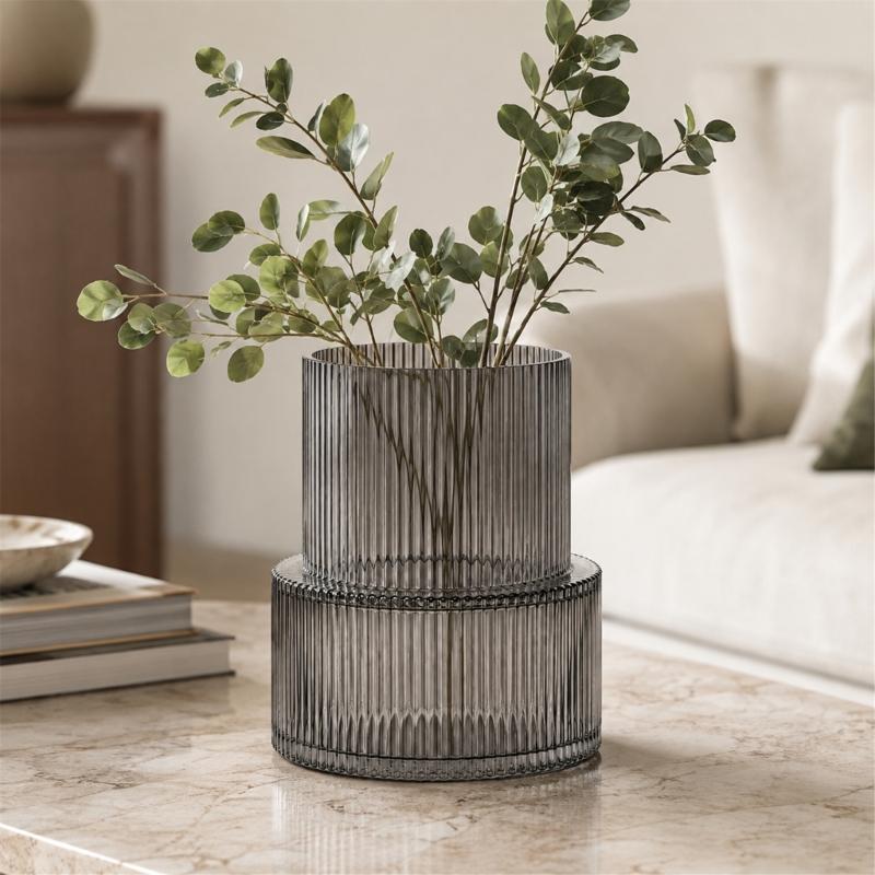 Ribbed Flower Display Jar in Fluted Glass, Indoor Accent Vessel for Cut Flowers, Artificial Bunches, and Desk Placement