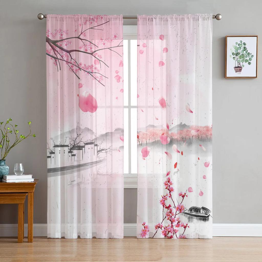 Watercolor Pink Cherry Blossom Ink Chiffon Sheer Curtains for Living Room Bedroom Decoration Window Voiles Tulle Curtain Drapes