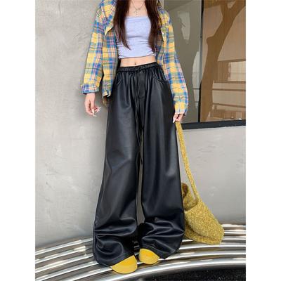Calças de Couro Estilo Americano Casual Feminino Outono Cintura Alta Retas Soltas Elástico na Cintura Bolso Acessível Calças de Perna Larga